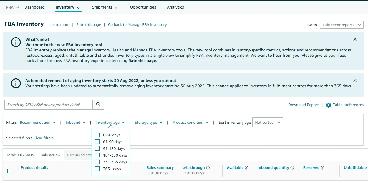 Inventory Aging on Amazon - FBA Inventory Dashboard