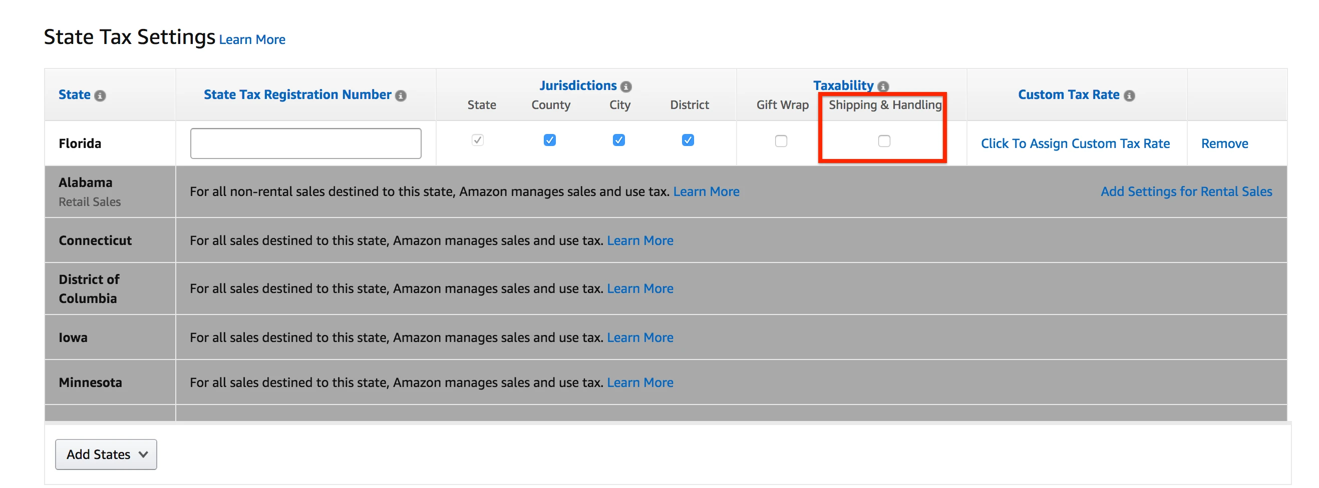 Amazon Seller Central USA Shipping Tax Settings