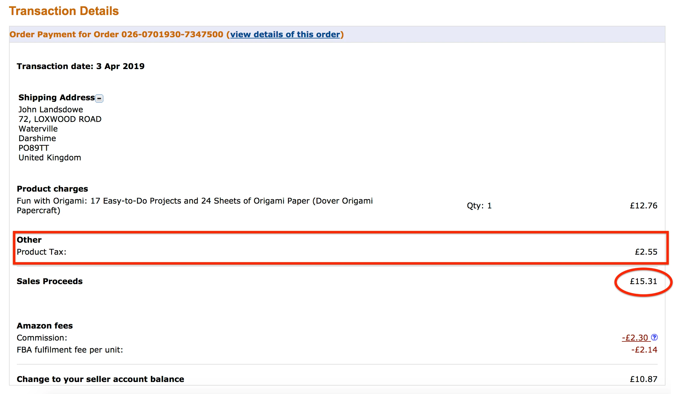 Tax Breakdown on Seller Central Order Page