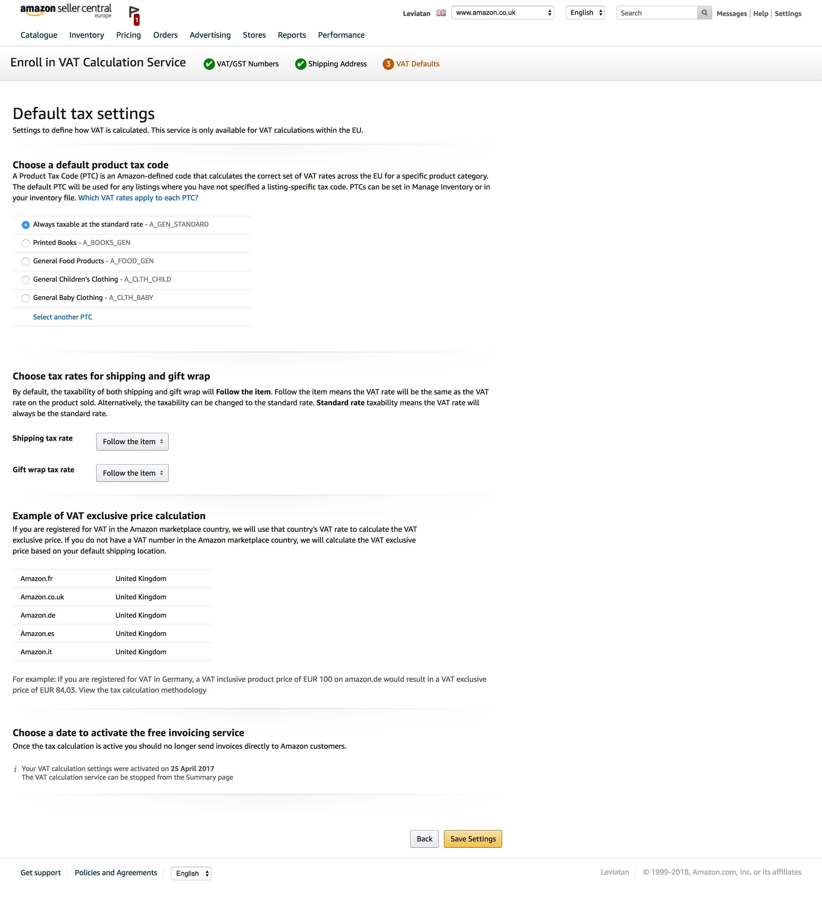 VAT Default Settings