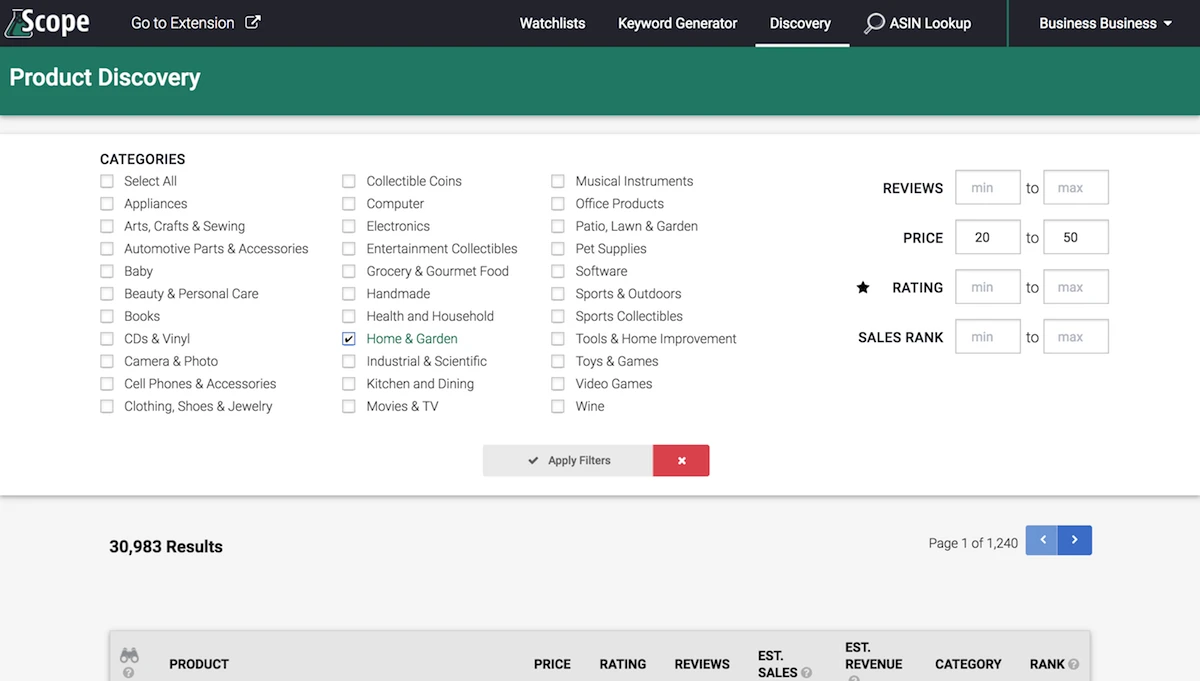 Seller Labs Scope Product Discovery Web App Screenshot