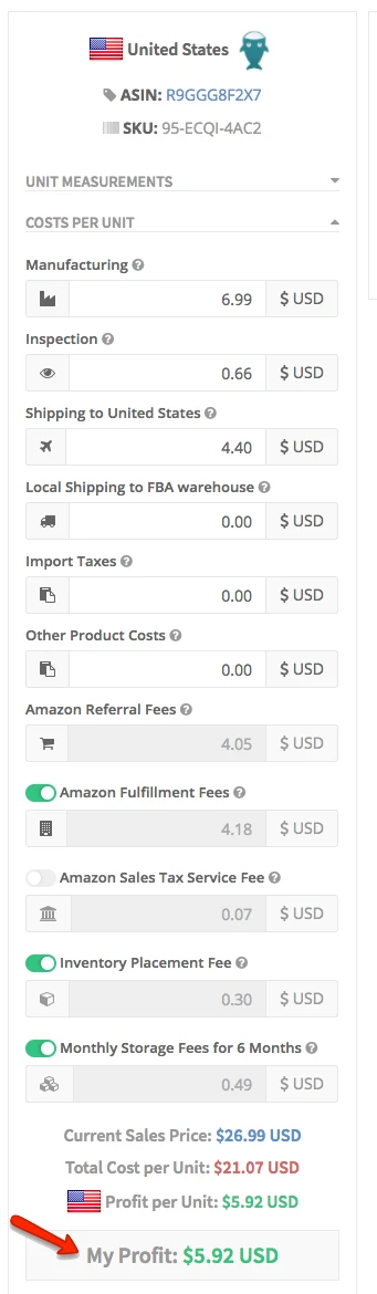 AMZPing profit per Unit Product Settings Screenshot
