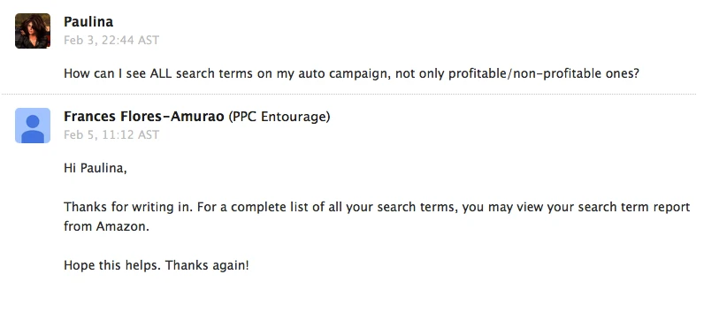 PPCEntourage support reply by email about search terms list