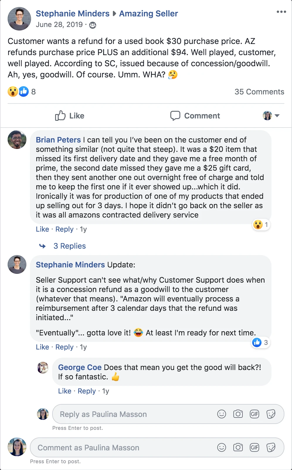 People discussing goodwill refund on Facebook