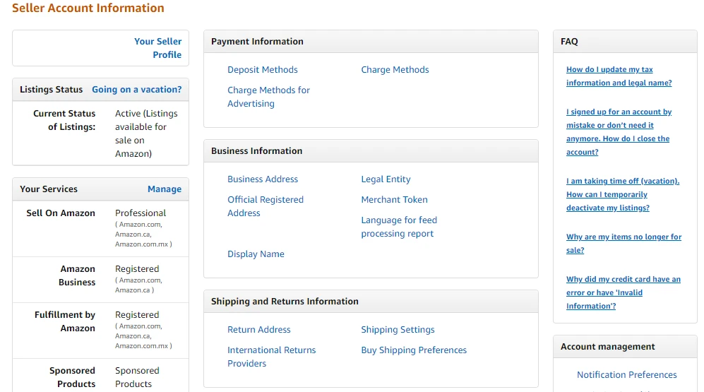 Amazon Seller Central - Seller Account Information