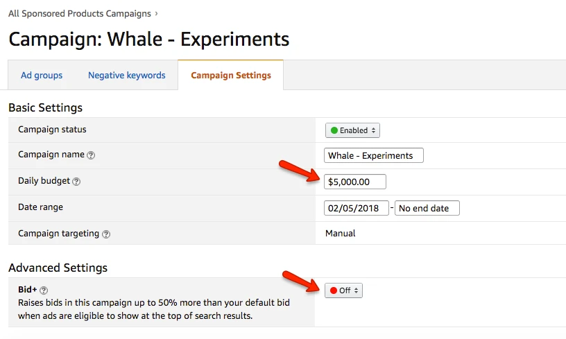 Amazon Seller Central Experiment Campaign Settings Large Budget