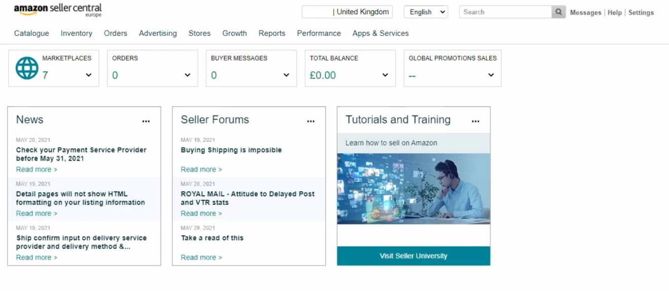 Amazon Seller Central - Main Dashboard