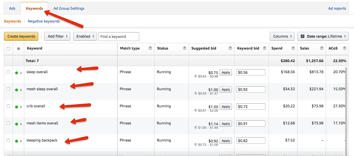 Amazon Seller Central Manual Sponsored Ads Campaign Keywords Screenshot