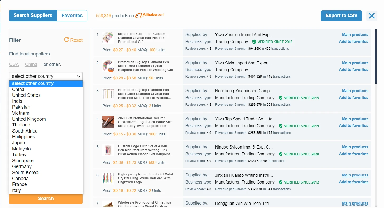 AMZScout Alibaba supplier search for promotional pens, showing price, MOQ and verified suppliers, with a country filter open