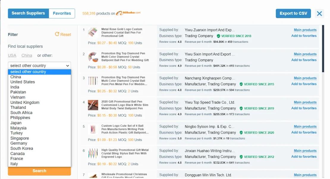 AMZScout Alibaba supplier search for promotional pens, showing price, MOQ and verified suppliers, with a country filter open