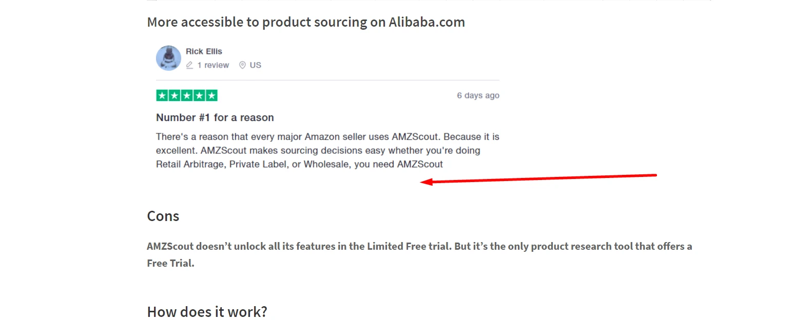 Five-star AMZScout review titled “Number #1 for a reason”, praising how it makes sourcing decisions easy