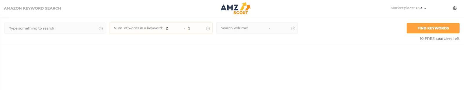 Amazon Keyword Search de AMZScout con el buscador vacío, palabras clave de 2 a 5 palabras y el botón Find Keywords