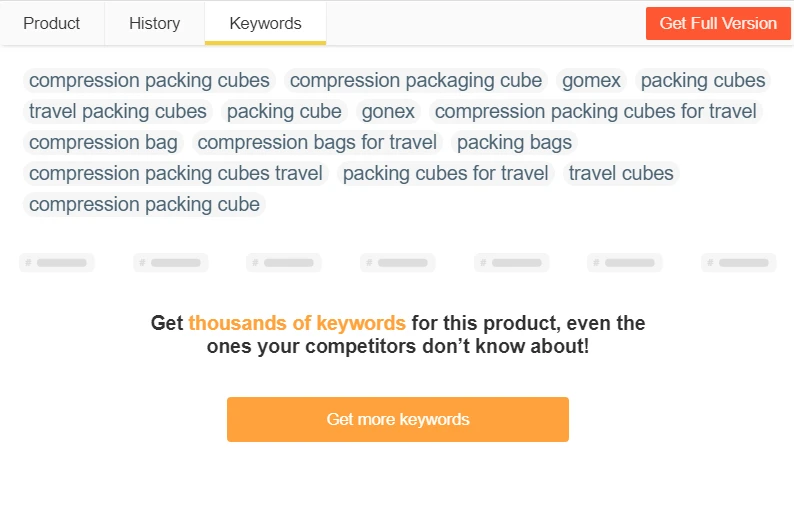 AMZScout PRO Extension Keywords tab listing packing cube keywords, with a 'Get more keywords' upgrade button