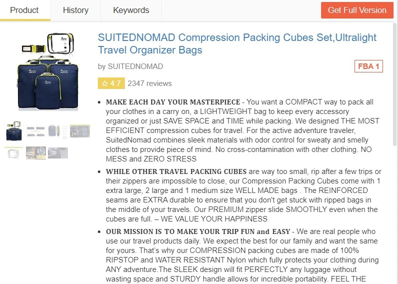 AMZScout PRO Extension Product tab for a packing cubes listing, rated 4.7 from 2,347 reviews