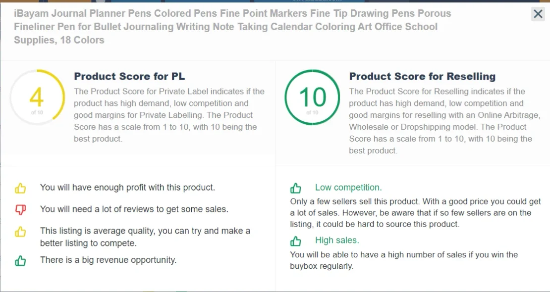 Puntuaciones de producto de AMZScout para un set de bolígrafos: 4 de 10 para marca propia y 10 de 10 para reventa