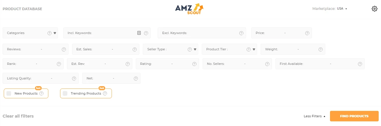 Filtros de la base de datos de productos de AMZScout, como categoría, precio, ventas y ranking, y el botón Find Products
