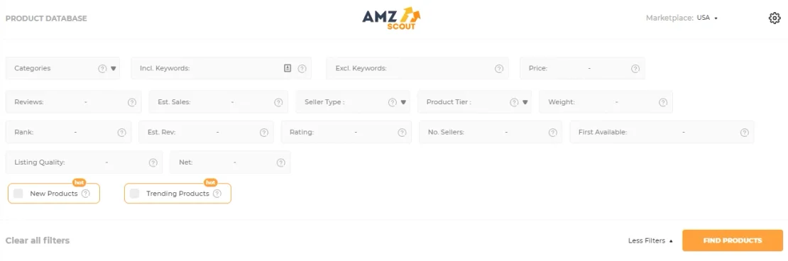 Filtros de la base de datos de productos de AMZScout, como categoría, precio, ventas y ranking, y el botón Find Products