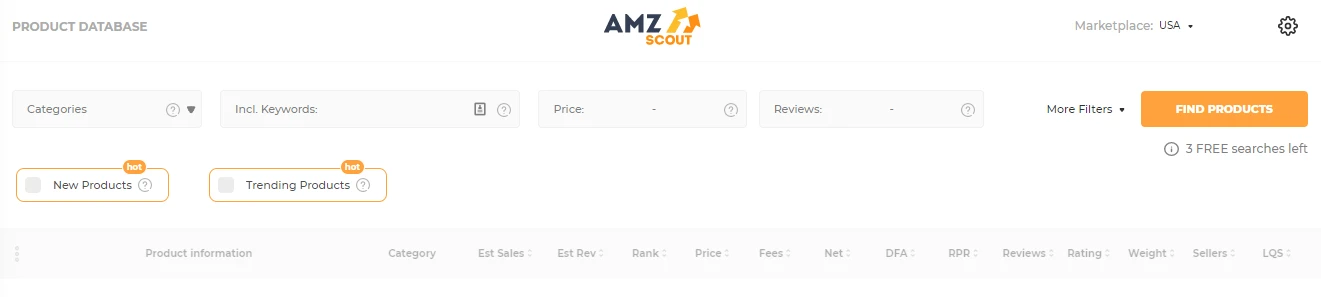 AMZScout Product Database during the trial, with "3 FREE searches left" under the Find Products button