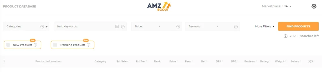 AMZScout Product Database during the trial, with "3 FREE searches left" under the Find Products button