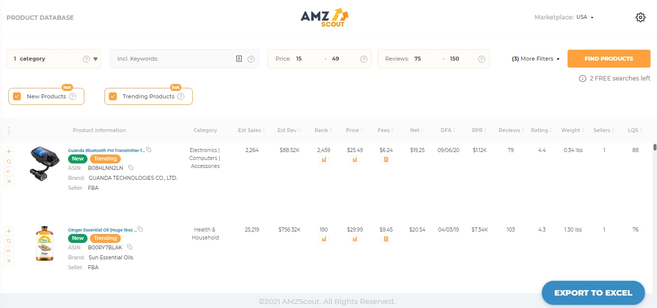 Base de datos de productos de AMZScout: resultados de 15–49 $ y 75–150 reseñas de distintas categorías, como Electronics y Health