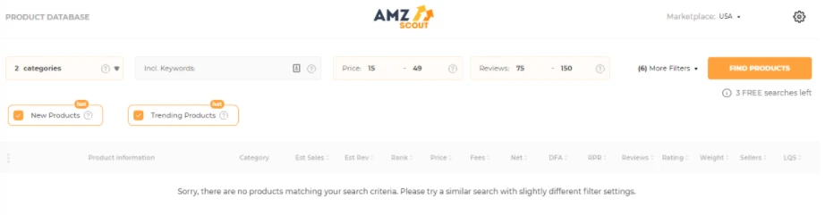 Búsqueda en la base de datos de productos de AMZScout con precio de $15–49 y 75–150 reseñas, sin resultados