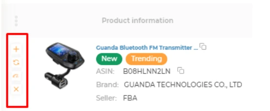 Resultado de producto en AMZScout con sus cuatro botones de acción marcados en rojo