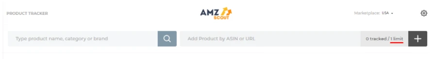 Barra de búsqueda del rastreador de productos de AMZScout con el contador 0 tracked / 1 limit subrayado