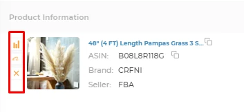 Rastreador de productos de AMZScout con hierba de la pampa y los tres iconos a la izquierda del producto resaltados