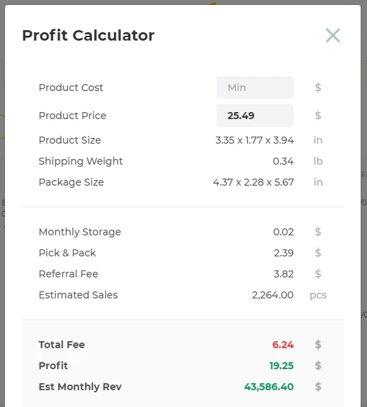 AMZScout Profit Calculator: $25.49 price, $6.24 total fees, $19.25 profit and $43,586.40 estimated monthly revenue