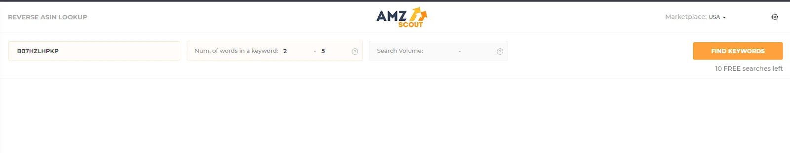 Reverse ASIN Lookup de AMZScout con un ASIN escrito, palabras clave de 2 a 5 palabras y el botón Find Keywords