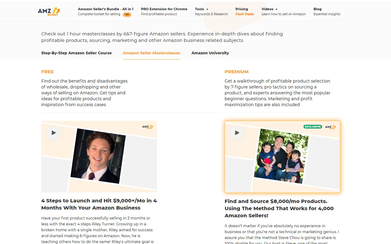 AMZScout Amazon Seller Masterclasses page with free and premium video classes from successful sellers