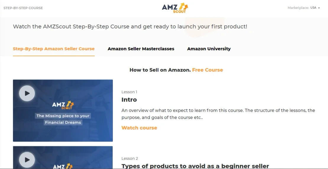 Página del Step-By-Step Amazon Seller Course de AMZScout con lecciones en video gratis, empezando por Lesson 1: Intro