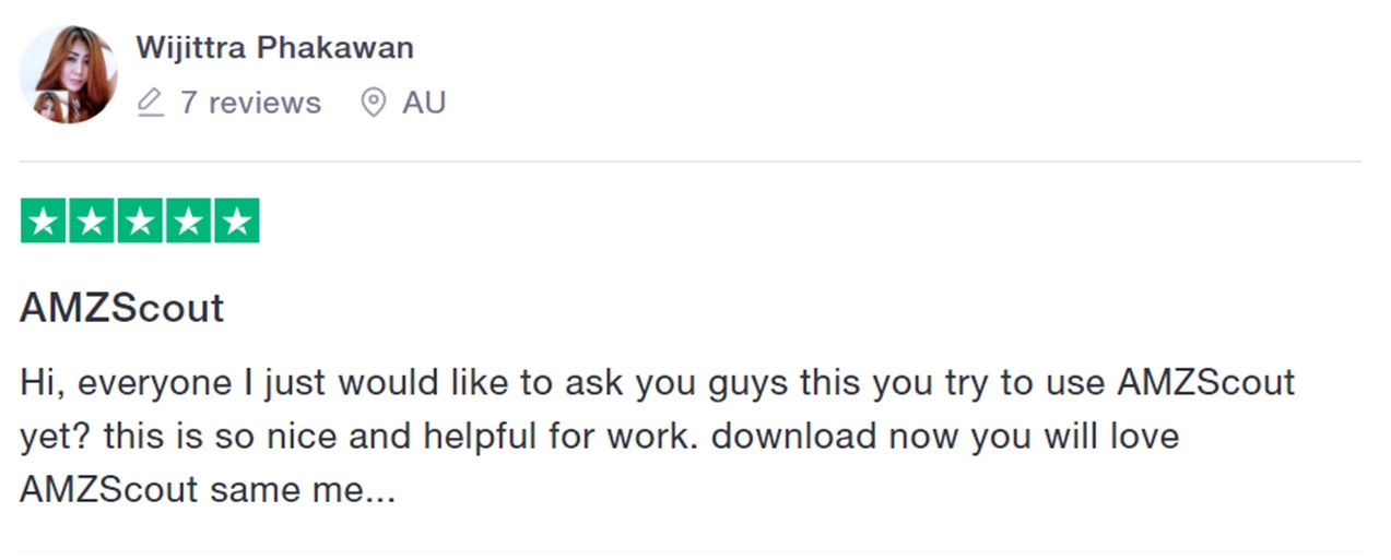 5-star AMZScout review on Trustpilot calling the tool “so nice and helpful for work”