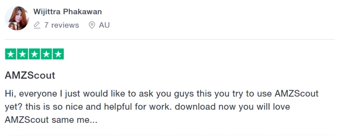 5-star AMZScout review on Trustpilot calling the tool “so nice and helpful for work”