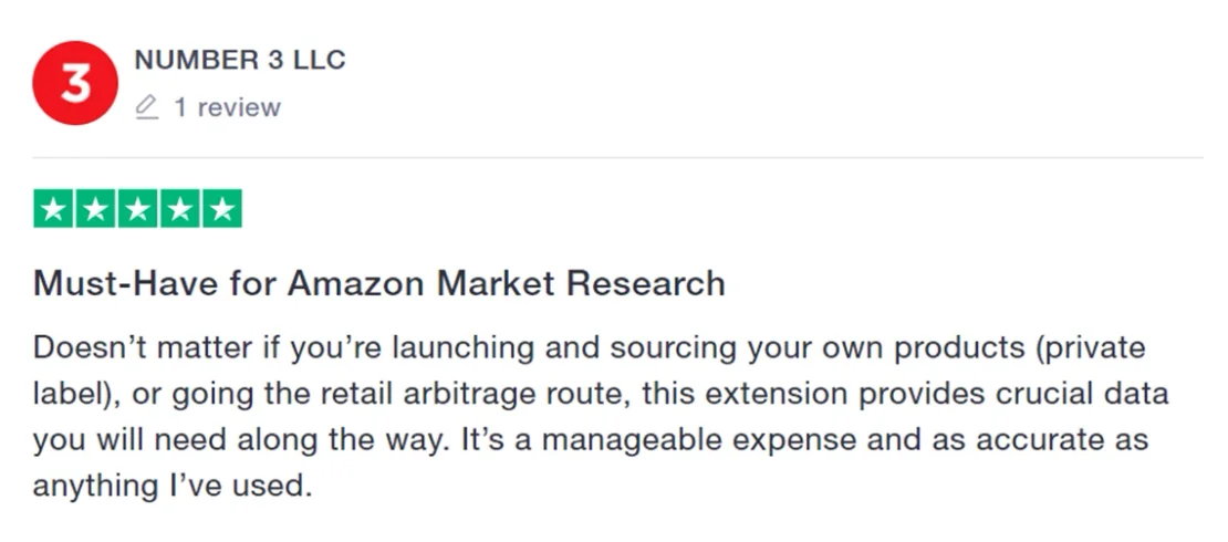 Five-star review by NUMBER 3 LLC, "Must-Have for Amazon Market Research", calling the extension accurate and affordable