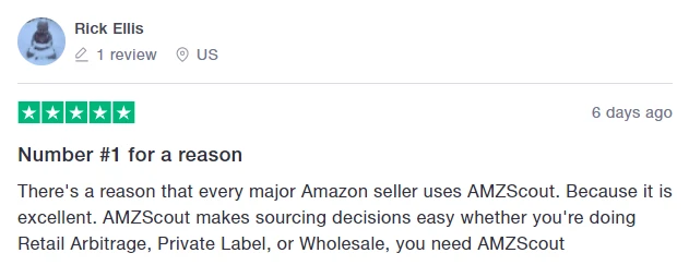 Reseña de cinco estrellas de Rick Ellis, "Number #1 for a reason": AMZScout facilita las decisiones de abastecimiento