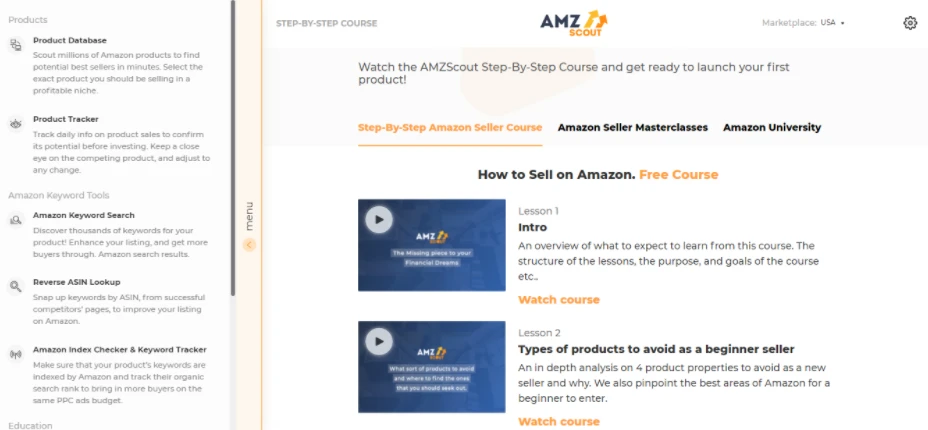 Aplicación web de AMZScout con el curso gratuito Step-By-Step Amazon Seller Course junto al menú de herramientas