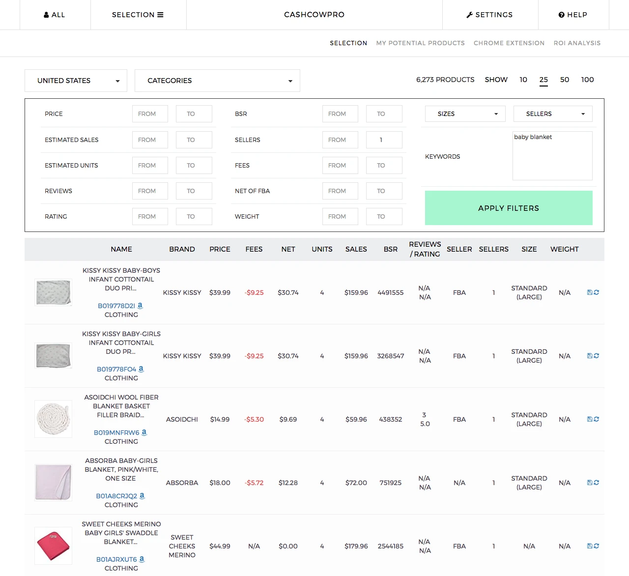 CashCowPro Product Selection Screenshot