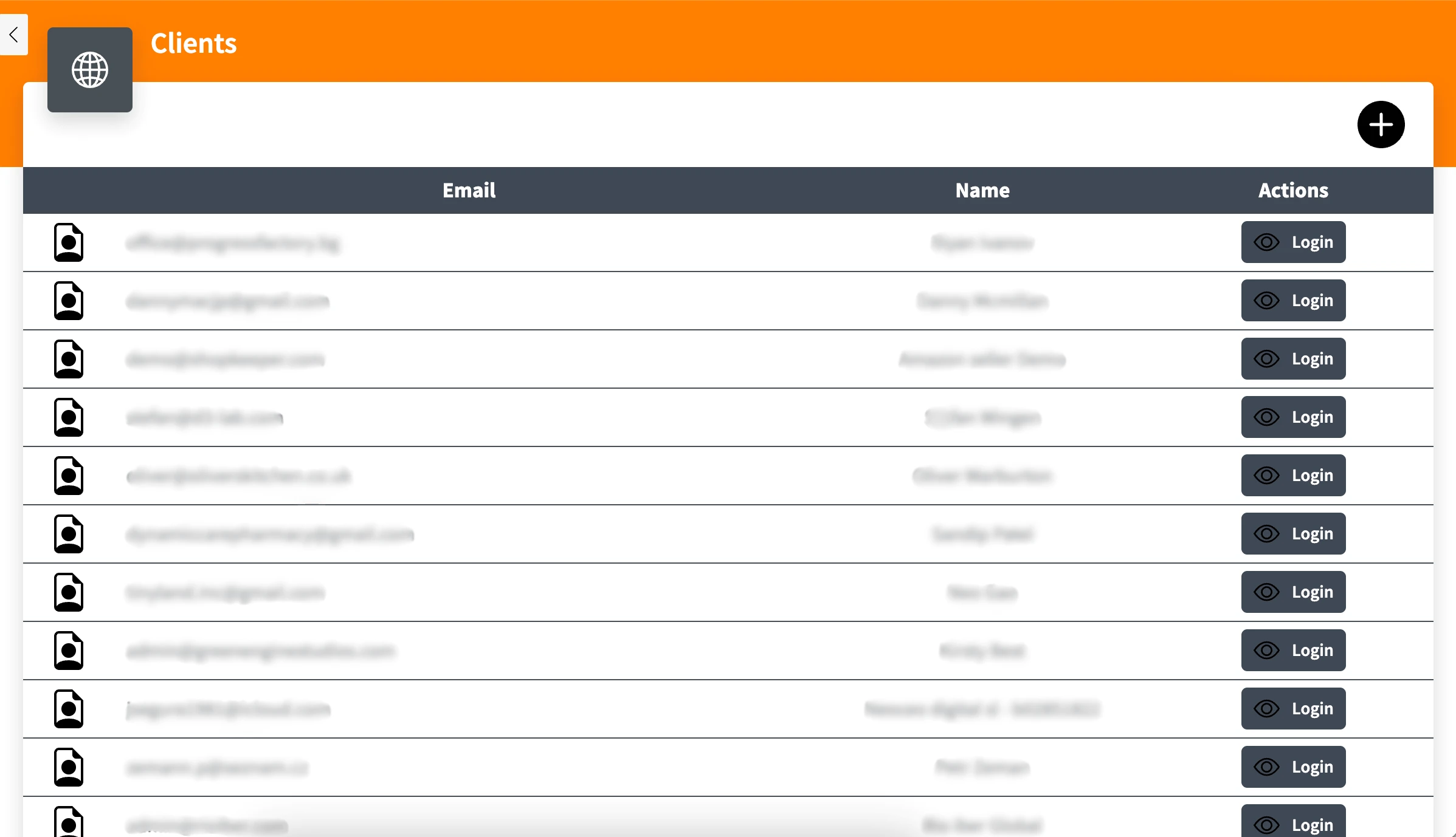 Shopkeeper Clients list with a Login button beside each client account, emails and names blurred