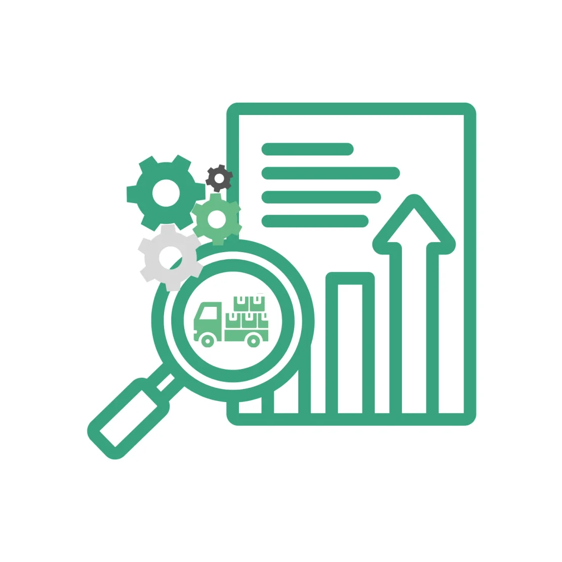 Illustration of a magnifying glass over a delivery truck, beside gears and a report with a rising chart
