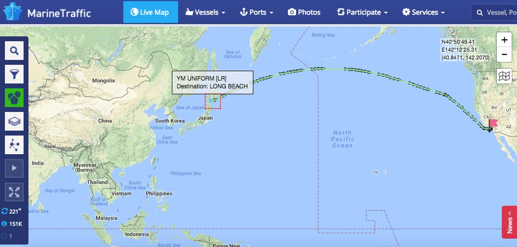 Marine Traffic YMUniform passing Japan going to LA