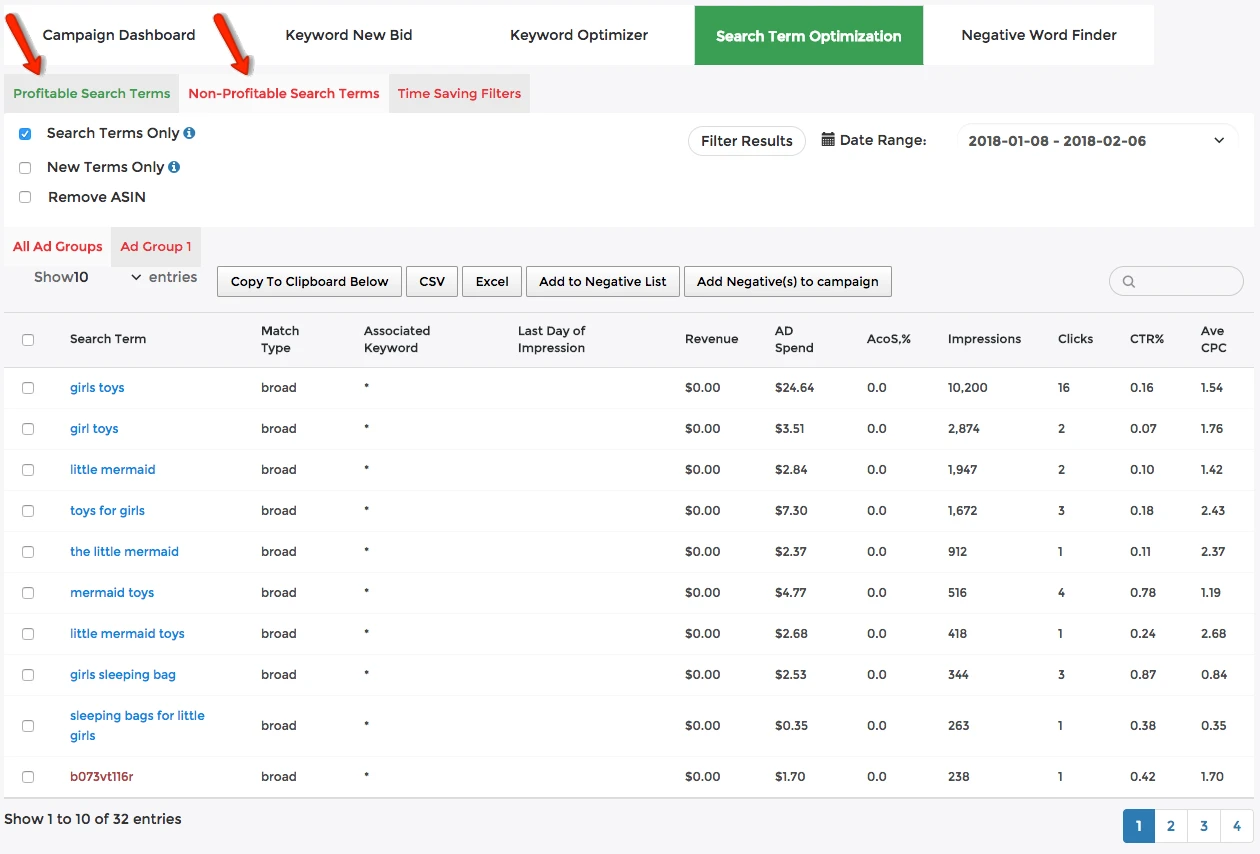 PPCEntourage Search Term List Split Profitable and Not Profitable