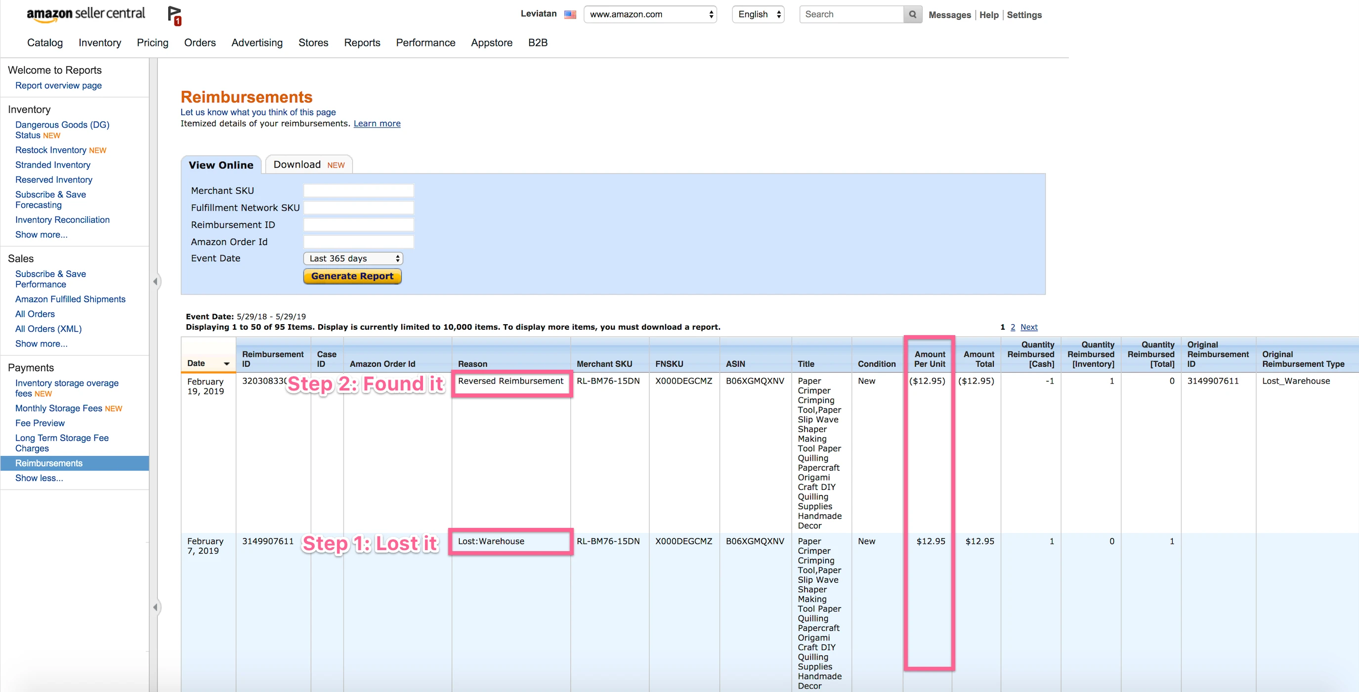 Reimbursements Report in Seller Central