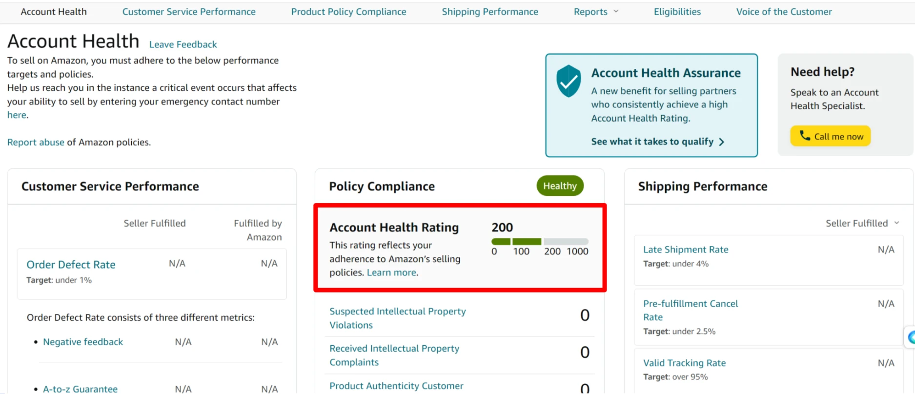 Seller Central Account Health page with the Account Health Rating of 200, on a 0 to 1000 scale, highlighted
