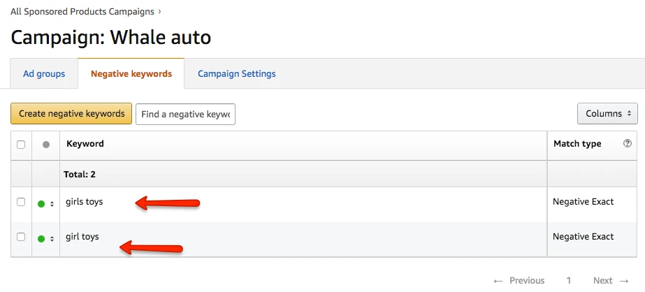 Seller Central negative keywords