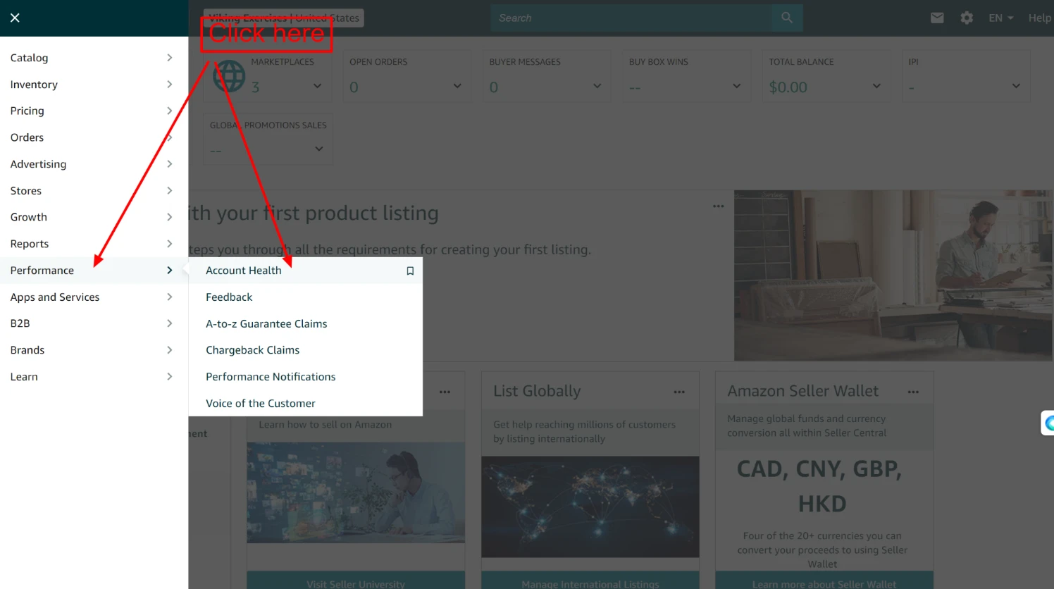 Seller Central menu opened from the top-left button, with arrows to Performance and then Account Health