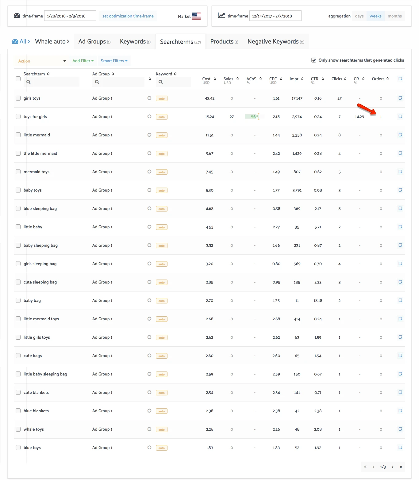 Sellics Search Terms Screenshot