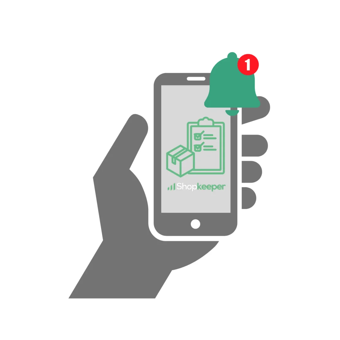 Illustration of a hand holding a phone with a Shopkeeper inventory checklist and a notification bell