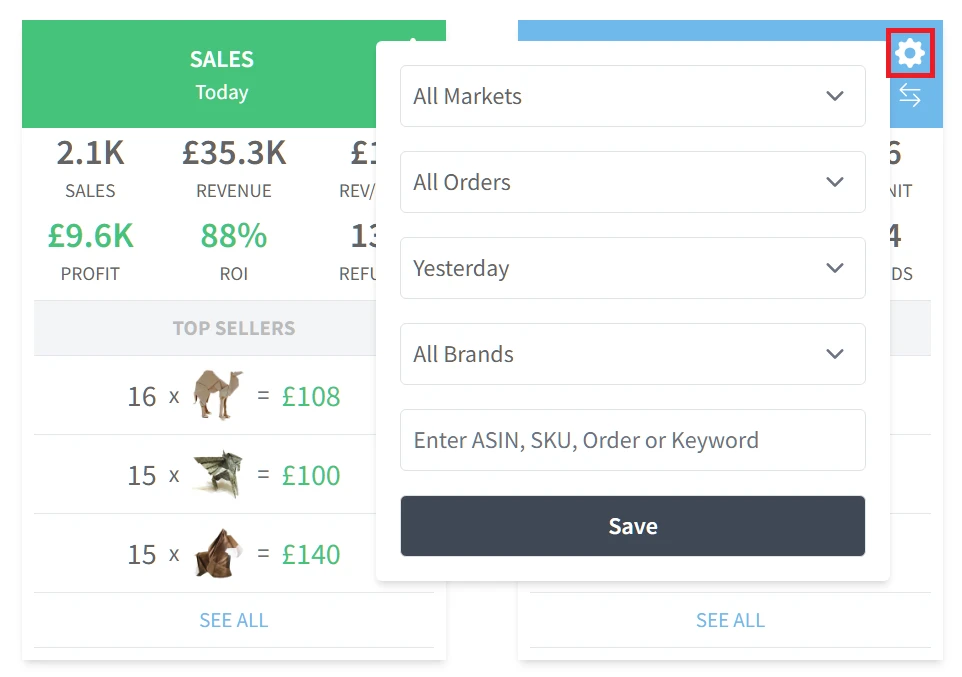 Shopkeeper sales widget with its settings gear highlighted, opening filters for market, orders, date, brand and ASIN or SKU
