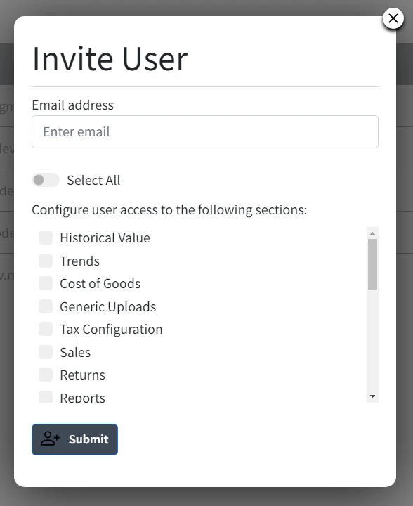 Shopkeeper Invite User form: an email address field and checkboxes for the sections the user can access